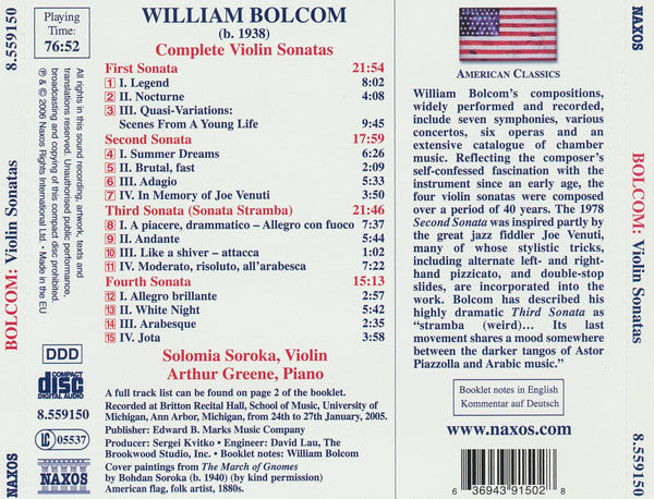William Bolcom, Solomia Soroka, Arthur Greene : Violin Sonatas (CD)