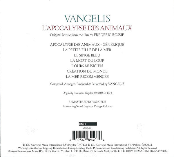Vangelis : L'Apocalypse Des Animaux (CD, Album, RE, RM, Dig)