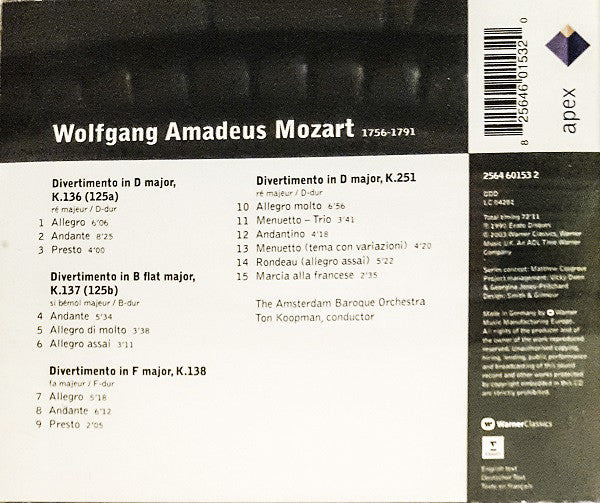 Mozart*, The Amsterdam Baroque Orchestra, Ton Koopman : Divertimenti KV 136, 137, 138 &amp; 251 (CD, RE)
