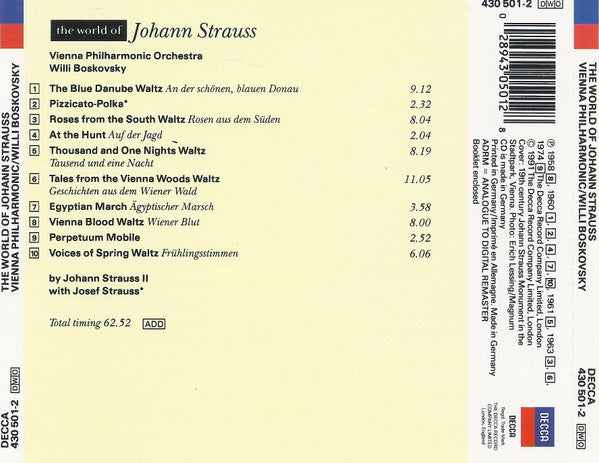 Johann Strauss Jr., Wiener Philharmoniker, Willi Boskovsky : The World Of Johann Strauss (CD, Comp, RE, RM, ADR)