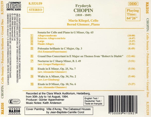 Chopin* - Maria Kliegel, Bernd Glemser : Cello Sonata • Polonaise Brillante • Grand Duo (CD, Album)