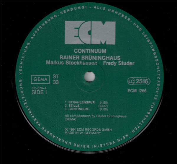 Rainer Brüninghaus, Markus Stockhausen, Fredy Studer : Continuum (LP, Album)