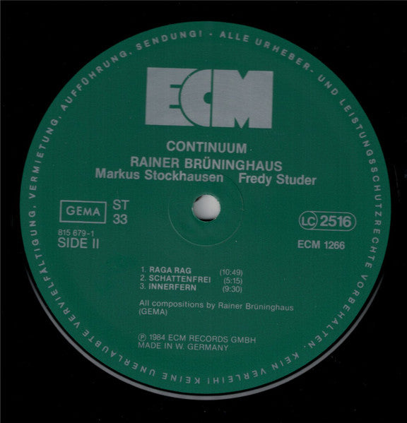 Rainer Brüninghaus, Markus Stockhausen, Fredy Studer : Continuum (LP, Album)