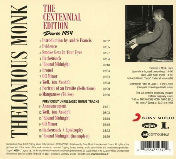 Thelonious Monk : Paris 1954 (CD, Album, RE, The)