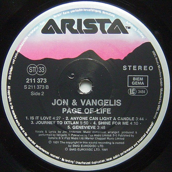 Jon And Vangelis* : Page Of Life (LP, Album)