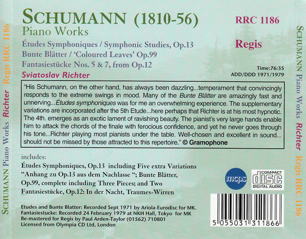 Schumann*, Sviatoslav Richter : Piano Works (Études Symphoniques; Bunte Blätter; Fantasiestücke Nos 5 &amp; 7) (CD, Comp, RM)