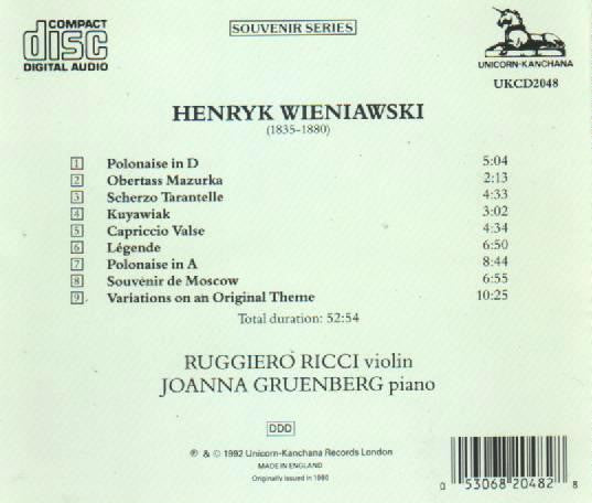 Ruggiero Ricci, Joanna Gruenberg, Henryk Wieniawski : Virtuoso Showpieces (CD, RE)