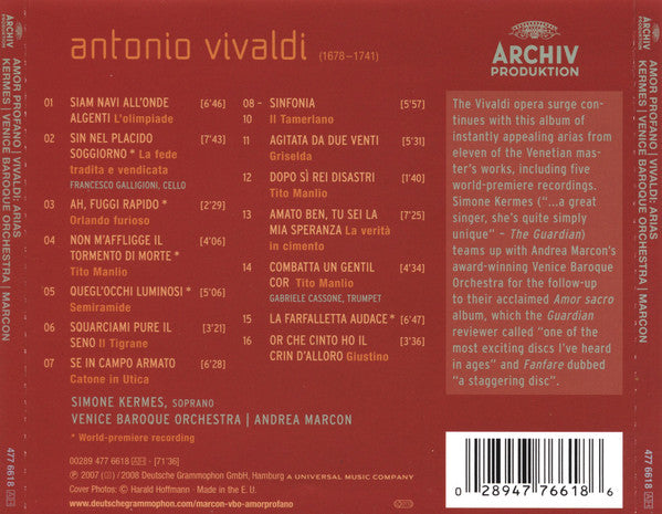Vivaldi* - Simone Kermes, Venice Baroque Orchestra, Andrea Marcon : Amor Profano: Arias (CD, Album)