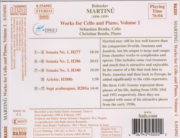 Bohuslav Martinů - Sebastian Benda, Christian Benda : Works For Cello And Piano, Volume 1: Sonatas Nos 1-3, Ariette, Sept Arabesques (CD, Album)