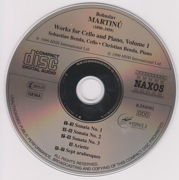 Bohuslav Martinů - Sebastian Benda, Christian Benda : Works For Cello And Piano, Volume 1: Sonatas Nos 1-3, Ariette, Sept Arabesques (CD, Album)