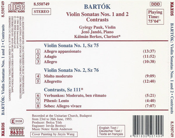 Bartók*, György Pauk, Jenő Jandó*, Kálmán Berkes : Violin Sonatas Nos. 1 And 2 / Contrasts (CD)