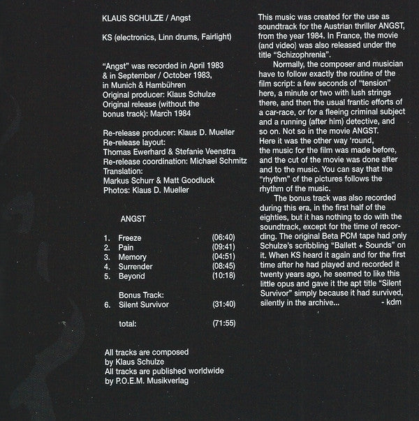 Klaus Schulze : Angst (CD, Album, RE)
