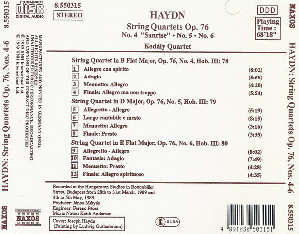 Haydn*, Kodály Quartet : String Quartets Op. 76 No. 4 "Sunrise" • No. 5 • No. 6 (CD)