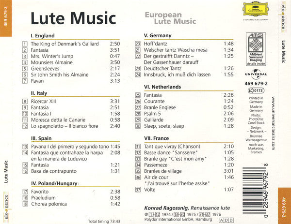 Konrad Ragossnig : Lute Music (European Lute Music) (CD, Comp)