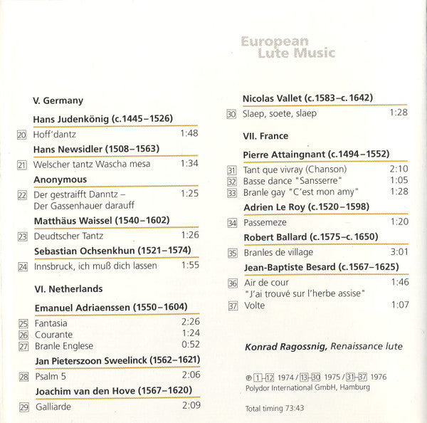 Konrad Ragossnig : Lute Music (European Lute Music) (CD, Comp)