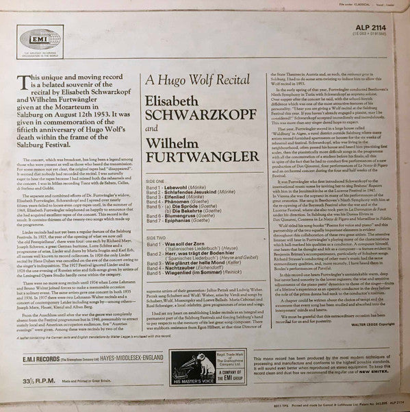 Elisabeth Schwarzkopf, Wilhelm Furtwängler, Hugo Wolf : A Hugo Wolf Recital (LP, Mono)