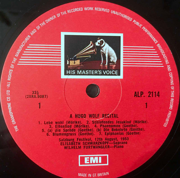 Elisabeth Schwarzkopf, Wilhelm Furtwängler, Hugo Wolf : A Hugo Wolf Recital (LP, Mono)