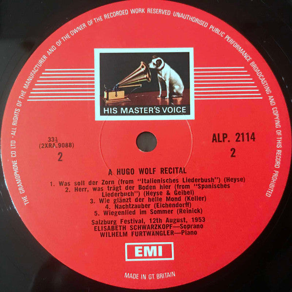 Elisabeth Schwarzkopf, Wilhelm Furtwängler, Hugo Wolf : A Hugo Wolf Recital (LP, Mono)