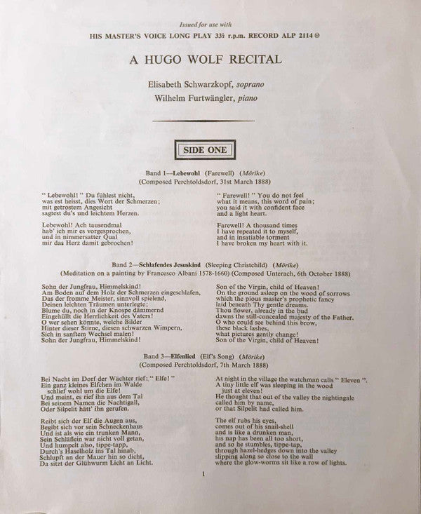 Elisabeth Schwarzkopf, Wilhelm Furtwängler, Hugo Wolf : A Hugo Wolf Recital (LP, Mono)
