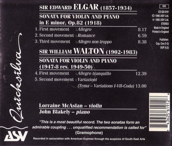 Elgar* &amp; Walton*, Lorraine McAslan, John Blakely : Sonatas For Violin And Piano (CD, Album)