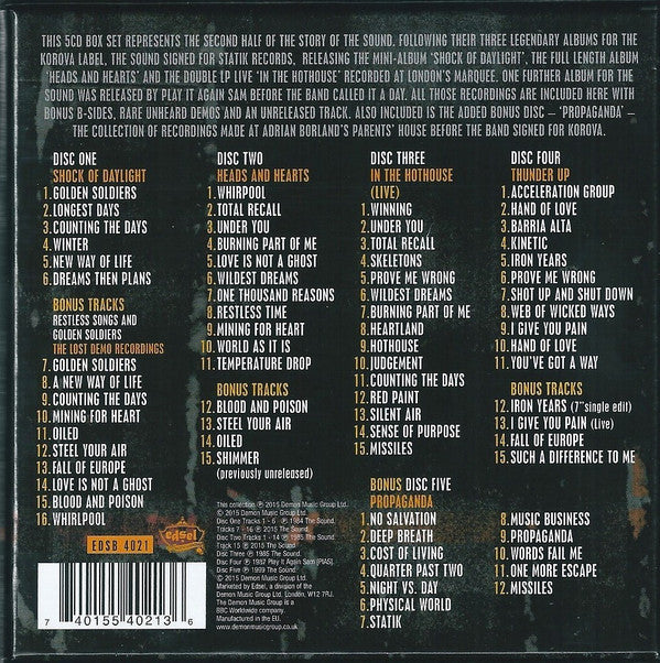The Sound (2) : Shock Of Daylight ♦ Heads And Hearts ♦ In The Hot House ♦ Thunder Up ♦ Propaganda (CD, Album, RE + CD, Album, RE + CD, Album, RE + CD)