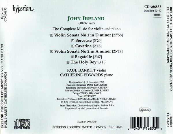 John Ireland, Paul Barritt, Catherine Edwards : The Complete Music For Violin And Piano (CD, Album)