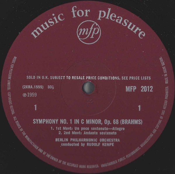 Brahms*, Berlin Philharmonic Orchestra*, Rudolf Kempe : Symphony No. 1 In C Minor (LP, Mono, RE)
