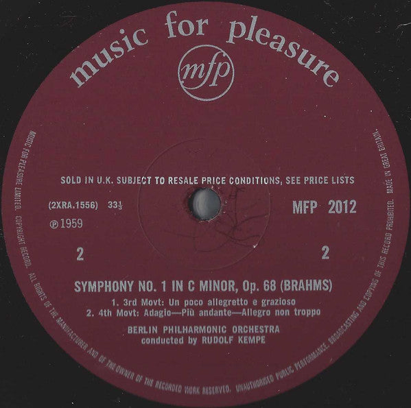 Brahms*, Berlin Philharmonic Orchestra*, Rudolf Kempe : Symphony No. 1 In C Minor (LP, Mono, RE)