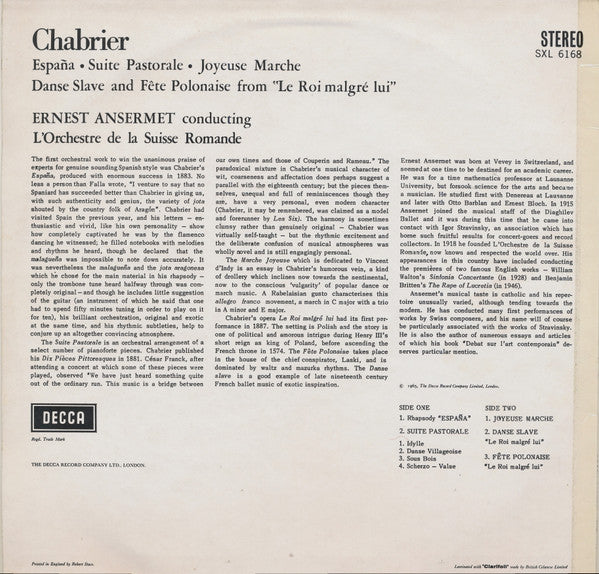 Chabrier*, L&#39;Orchestre De La Suisse Romande, Ernest Ansermet : Chabrier: España (LP, RP)