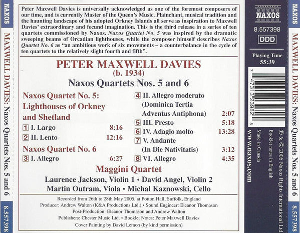 Peter Maxwell Davies, Maggini Quartet* : Naxos Quartets Nos. 5 And 6 (CD, Album)