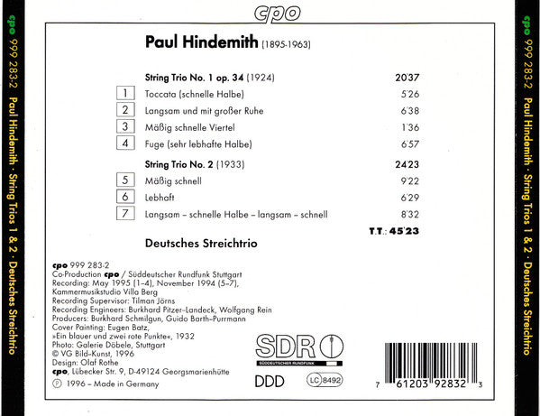Paul Hindemith, Deutsches Streichtrio : String Trio No.1 &amp; 2 (CD)