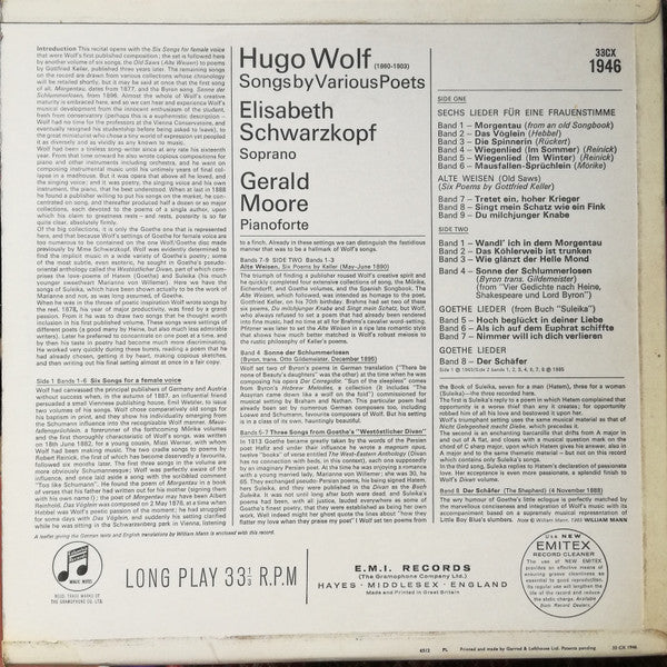 Hugo Wolf, Elisabeth Schwarzkopf, Gerald Moore : Songs From The Romantic Poets (LP, Album, Mono)