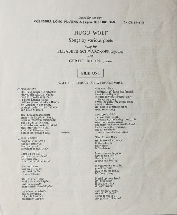 Hugo Wolf, Elisabeth Schwarzkopf, Gerald Moore : Songs From The Romantic Poets (LP, Album, Mono)
