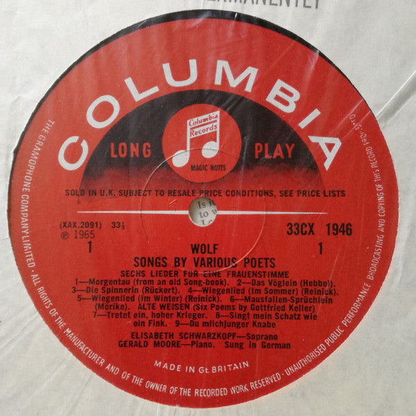 Hugo Wolf, Elisabeth Schwarzkopf, Gerald Moore : Songs From The Romantic Poets (LP, Album, Mono)