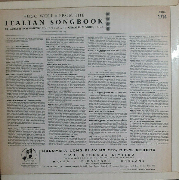 Hugo Wolf, Elisabeth Schwarzkopf, Gerald Moore :  From &quot;The Italian Song Book&quot; (LP, Mono, Blu)