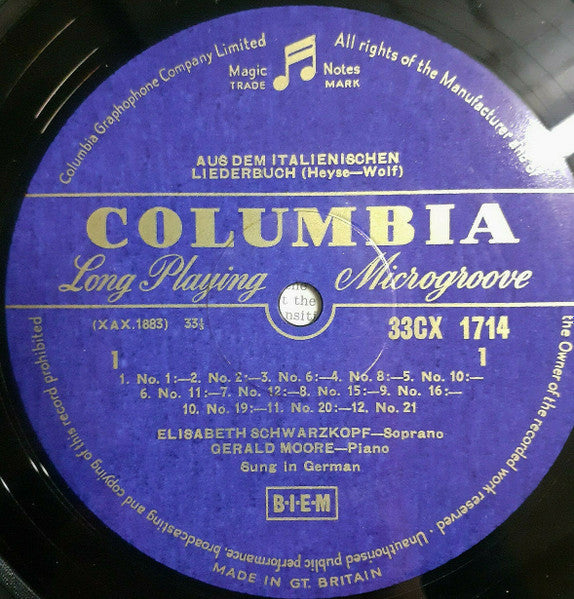 Hugo Wolf, Elisabeth Schwarzkopf, Gerald Moore :  From &quot;The Italian Song Book&quot; (LP, Mono, Blu)