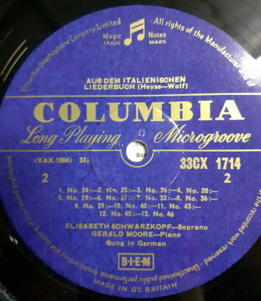 Hugo Wolf, Elisabeth Schwarzkopf, Gerald Moore :  From &quot;The Italian Song Book&quot; (LP, Mono, Blu)