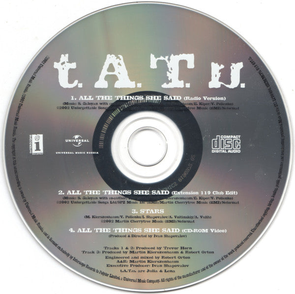 t.A.T.u. : All The Things She Said (CD, Single, Enh)