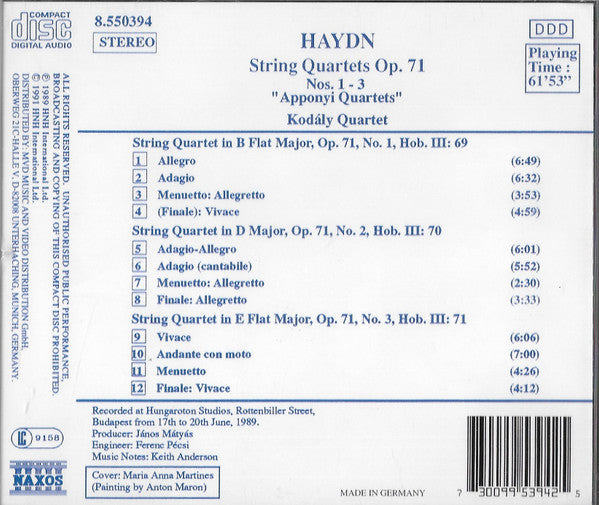 Haydn* - Kodály Quartet : String Quartets Op. 71, Nos 1 - 3 "Apponyi Quartets" (CD, Album)