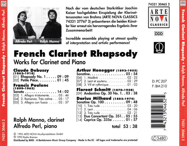 Ralph Manno, Alfredo Perl, Debussy*, Poulenc*, Honegger*, Schmitt*, Milhaud* : French Clarinet Rhapsody (CD, Album)