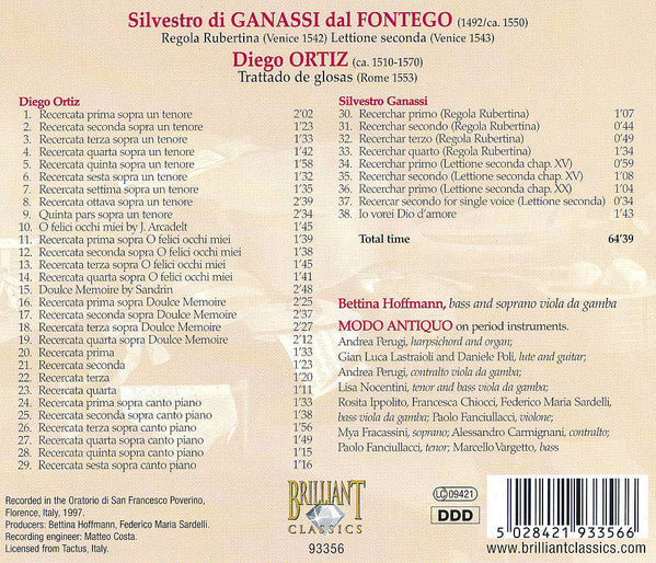 Ganassi*, Ortiz* - Bettina Hoffmann, Modo Antiquo : Complete Works For Viola Da Gamba (CD, Album, RE)