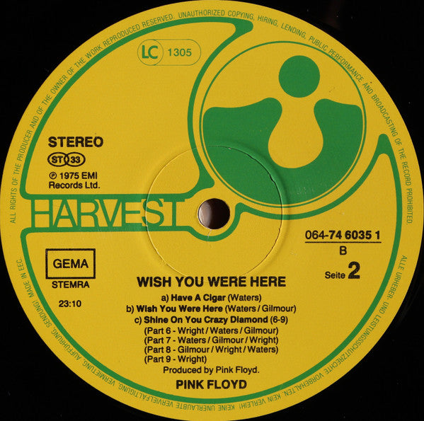 Pink Floyd : Wish You Were Here (LP, Album, RE, Yel)