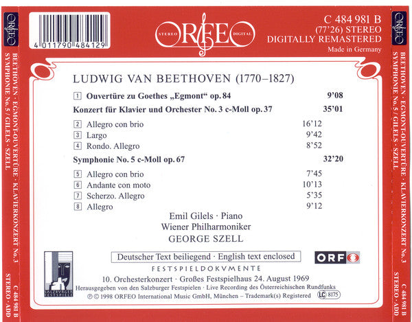 George Szell, Ludwig van Beethoven, Emil Gilels : Egmont - Ouverture Klavierkonzert No. 3, Symphonie No. 5 (CD, RM)