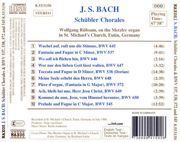 J. S. Bach*, Wolfgang Rübsam (2) : Schübler Chorales &amp; BWV 537, 538, 572 and 545 (CD, Album)
