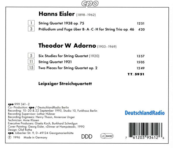 Theodor W. Adorno / Hanns Eisler - Leipziger Streichquartett : Works For String Quartet (CD, Album)