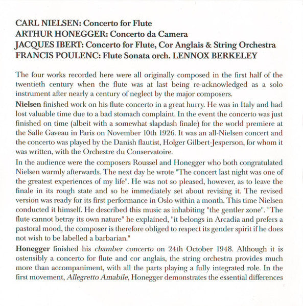 Nielsen* - Poulenc* - Ibert* - Honegger* / Jennifer Stinton, Scottish Chamber Orchestra, Steuart Bedford : 20th Century Flute Concerti (CD, RE)
