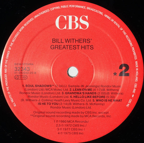 Bill Withers : Bill Withers&#39; Greatest Hits (LP, Comp, RE, Red)