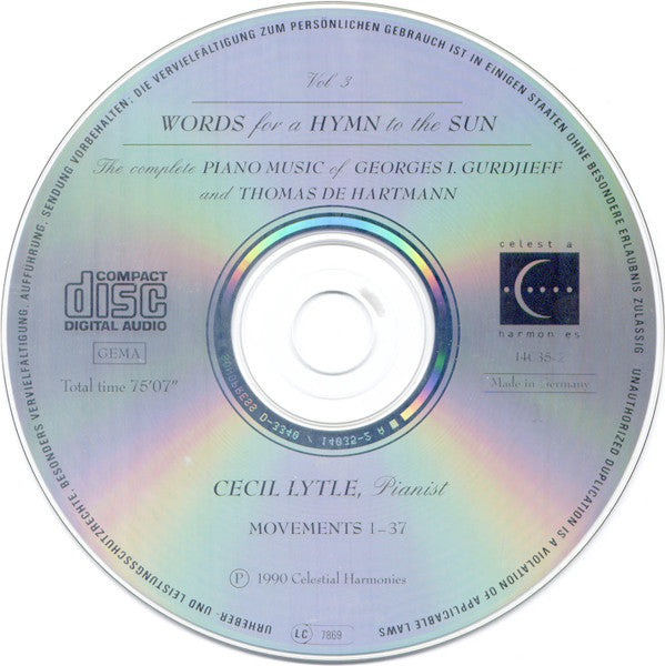 Georges I. Gurdjieff* And Thomas De Hartmann - Cecil Lytle : Words For A Hymn To The Sun: The Complete Piano Music Of Georges I. Gurdjieff (1872-1949) And Thomas De Hartmann (1886-1956) Vol.3 (2xCD, Album, RE)