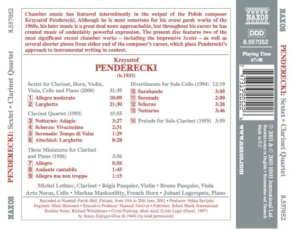 Penderecki* - Michel Lethiec · Régis Pasquier · Bruno Pasquier · Arto Noras · Markus Maskuniitty · Juhani Lagerspetz : Sextet · Clarinet Quartet (CD)