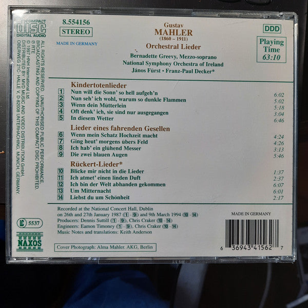 Gustav Mahler, Bernadette Greevy, János Fürst, National Symphony Orchestra Of Ireland : Kindertotenlieder / Lieder Eines Fahrenden Gesellen / Rückert-Lieder (CD, Album)